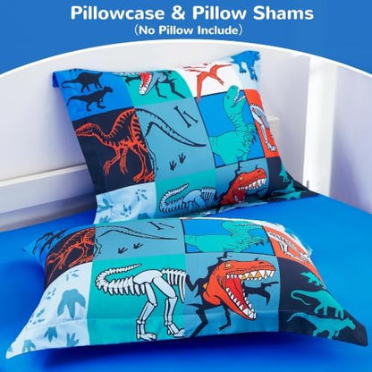 Viviland Kids Bedding Set Twin Size Comforter Sets, Bed in Dinosaur Patchwork Cover Set for Children