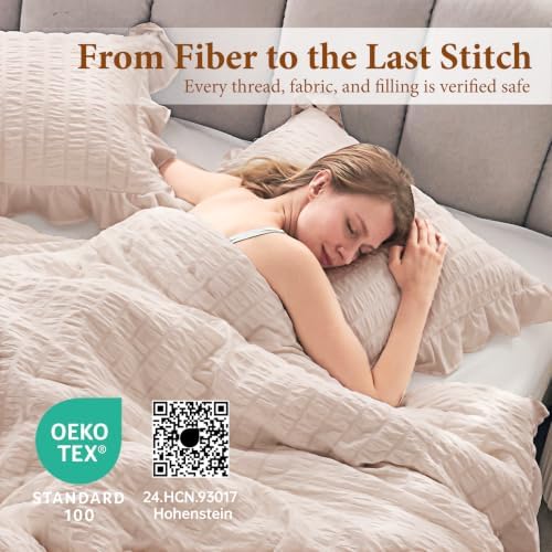 JOLLYVOGUE Oversized Queen Comforter Set, 3 Pieces Beige Seersucker Comforters, Lightweight & Fluffy Bedding Sets for All Season with 1 Ruffle Comforter and 2 Ruffle Pillowshams