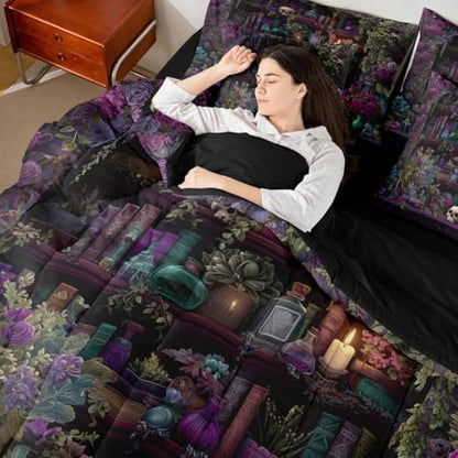 Erosebridal Gothic Skull 7 Piece Bedding Set King Vintage Witchy Comforter Set with Sheets Spooky Magic Bookshelf Bed in a Bag Black Retro Wizard Mysterious Cool Bed Sets Comforter