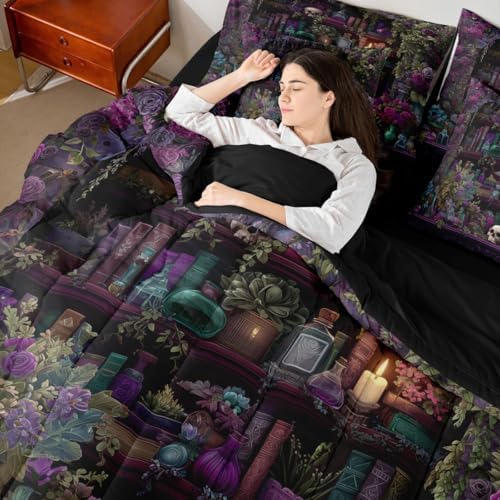 Erosebridal Gothic Skull 7 Piece Bedding Set Full Vintage Witchy Comforter Set with Sheets Spooky Magic Bookshelf Bed in a Bag Black Retro Wizard Mysterious Cool Bed Sets Comforter