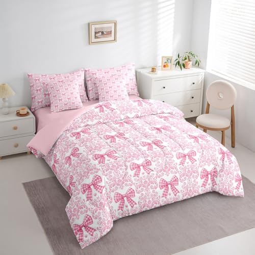 Pink Bow Tie Bed in a Bag King Size Comforter Set 7 Pieces,Bohemian Exotic Damask Bedding Set,Cute Silk Ribbon Bowknot Sheet Set Antique Victorian Bed Set,Gothic Vintage Floral Pink Bow Decor