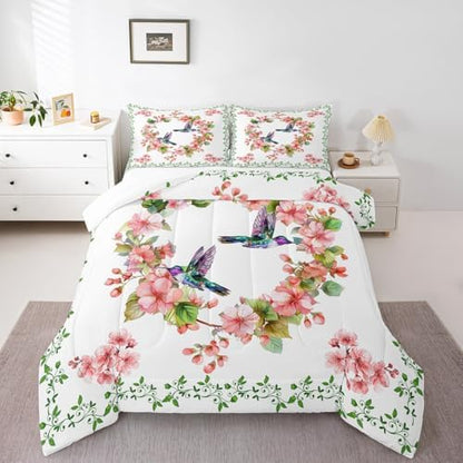 Homewish Spring Hummingbird Comforter Set Full Size,Cherry Blossom Floral Bedding 3pcs for Kids Girls Women Room Decor,Green Leaves Botanical Quilted Duvet Nature Animals Insert,2 Pillowcases