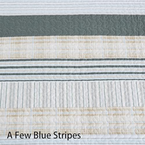Homzard Quilts Queen Size - Cotton Queen Size Comforter Sets,Beige Grey Cotton Bedding,Striped Plaid Comforter Bedspread (90 * 98 Inches),3 Piece