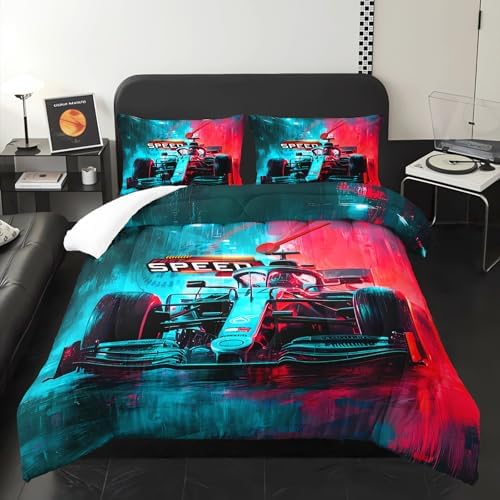 Race Car Comforter Full Size,Race Car Kids Comforter Set,3Pcs Bedding Set Printed Comforter with 2 Pillowcases,Down Alternative,Soft and Lightweight,for All Seasons