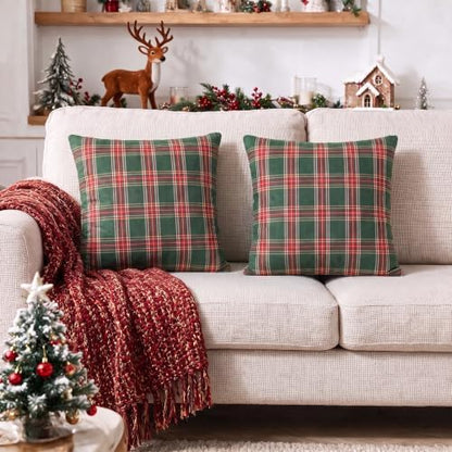 AVOIN colorlife Christmas Green Red Plaid Decorative Throw Pillow Covers, 20 x 20 Inch Holiday Scottish Tartan Cushion Case Farmhouse Decoration for Sofa Couch Set of 2