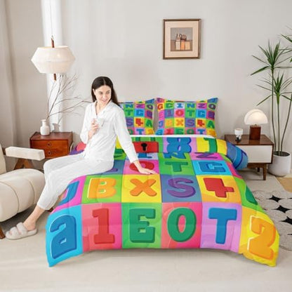 jejeloiu Number Learning Comforter Set King Size Alphabet ABC Bedding Set for Kids Boys Girls Colorful Educational Duvet Quilt Bedroom Decor Microfiber 3 Pcs with 2 Pillow Cases