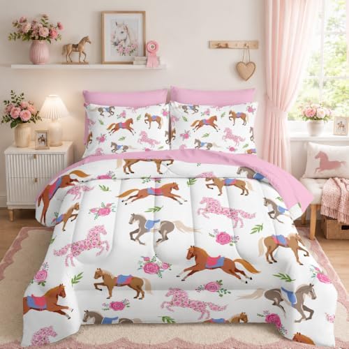 HOSIMA Girls 7Pcs Kawaii Pink Rose Horse King Comforter Set with Sheets.
