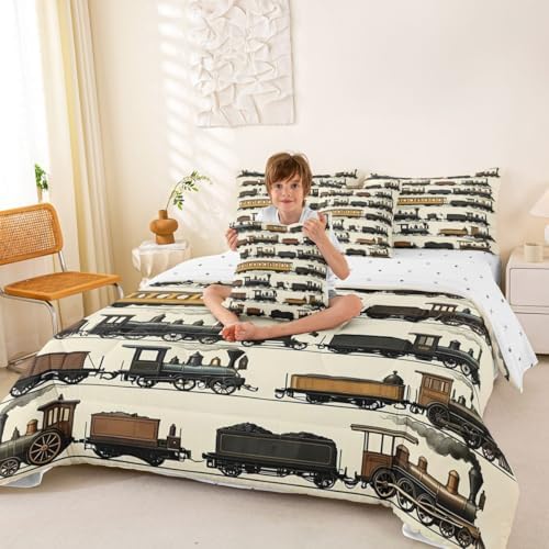 Erosebridal 7 Pcs Vintage Steam Train Bedding Set for Boys Kids Travel Locomotive Train Full Comforter Set with Sheets for Teens Men Transport Vehicle Bed in A Bag Steampunk Railway Bed Sets Beige