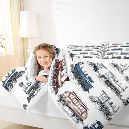 Feelyou Retro Train Comforter Set Toddler Size Vintage Steam Engine Train Bedding Set for Kids Boys Girls Transport Vehicle Duvet Quilt Bedroom Decor Microfiber 2 Pcs with 1 Pillow Cases