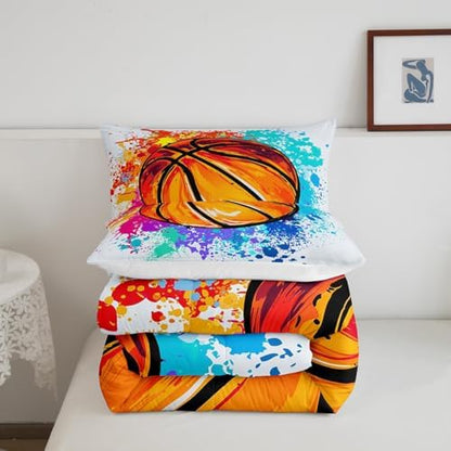 Teens Basketball King Size Comforter Set Kids Watercolor Tie-dye Decor All Season Bedding Set for Girls Teens Sports Gaming Comforter Graffiti Hip Hop Decor Quilt Set Bedroom Collection 3Pcs