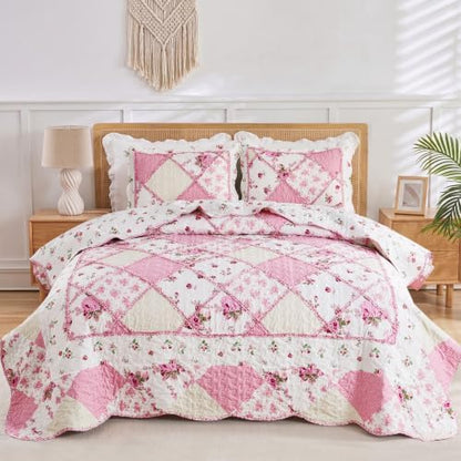 Alaskan King Quilt Set Pink Floral Patchwork Oversized King Bedspreads Set