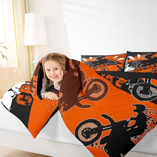 Erosebridal Boys Dirt Bike Full Size Comforter Set Dirtbike Bedding Set Motocross Bedroom Decor for Boys Kids Men Adult,Rider Motorcycle Bed Set Cool Extreme Sports Bedding Sets 3Pcs,Orange Black