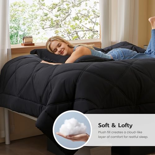 Joiedomi Twin Comforter Set with Sheets Black, 5 Pieces Twin Bedding Sets with 1 Down Alternative Comforter, 1 Flat Sheet, 1 Fitted Sheet, 1 Pillowcase and 1 Pillow Sham, Bed in a Bag for All Seasons
