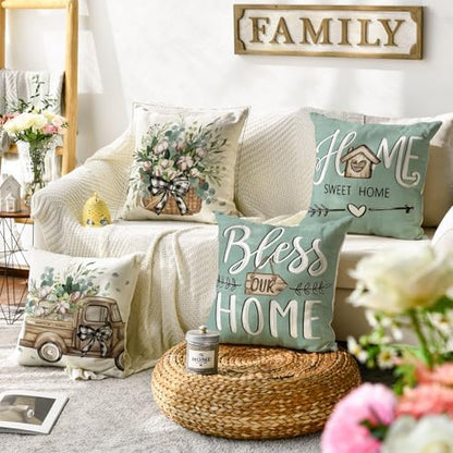 AVOIN colorlife Bless Our Home Farmhouse Eucalyptus Leaves Throw Pillow Covers, 20 x 20 Inch Blue Truck Home Sweet Cushion Case Decorations Set of 4