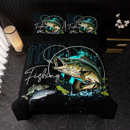 Nttopship Big Pike Fish Bedding ，Hunting and Fishing Brown Green Bedding Set Themed Comforter Set for Kids Boys Room Decor, King Bed in a Bag for Teens with 2 Pillowcases