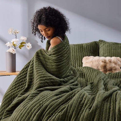 Wonderful - Velvet Quilt Set Queen Size Olive Green, Soft Cotton-Feel Plush Coverlet with Shams, Premium Vertical Channel Stitched, Lightweight All-Season Bedspread
