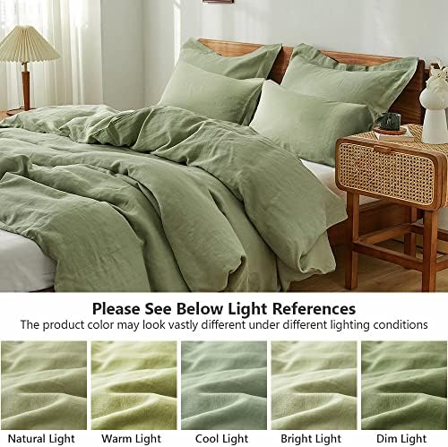 Simple&Opulence 100% Washed Linen Duvet Cover Set 5pcs(1 Duvet Cover& 2 Shams& 2 Pillowcases) Basic Style Natural French Flax Soft Breathable Farmhouse Bedding (King, Sage Green)