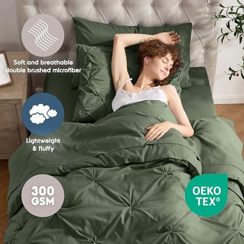 Nestl 7 Piece Twin Comforter Set – Olive Green Pinch Pleated Bed in a Bag – Complete Twin Size Bedding Set with Sheets, Set of 2 Cooling Pillows, Pillowcase and Sham