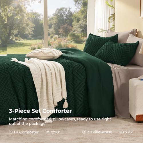 Litanika Full Size Comforter Set, 3 Pieces Emerald Tufted Boho Bedding Set