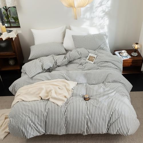 FOSSA Striped Duvet Cover Set 100% Washed Cotton Linen Feel Queen