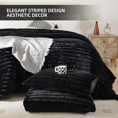 Smoofy Fluffy Twin Size Comforter 2 PCS - Black Fleece Bedding Set