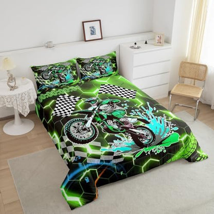 Racing Bedding Set Green Neon Lights Honeycomb Comforter Set Motorbike Dirt Bike Quilt Geometric Hexagon Moto Extreme Sports Full Size Duvet Insert,Black White Grid Lattice Buffalo Plaid Decor