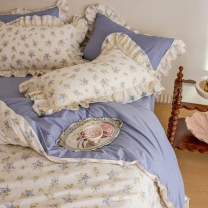 Full Duvet Cover Set 100% Cotton Vintage Floral Duvet Cover with Romantic Ruffle Lace, Breathable Soft Floral Cottagecore Comforter Cover, Aesthetic Botanical Flower Princess Lace Bedding Set Full