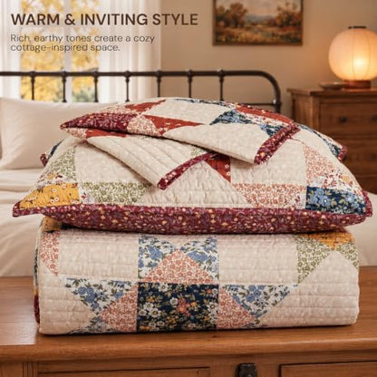Queen Quilt Set-3 Pieces Soft Bedding Lightweight Patchwork Coverlet