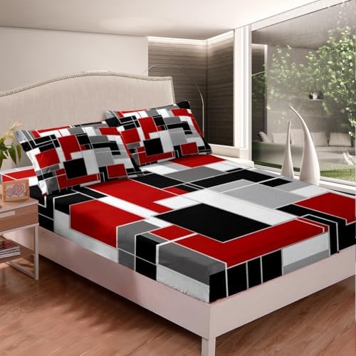 Feelyou Geometric Stripe Sheet Set Kids Abstract Art Rectangle Bed Set for Women Men Modern Bed Sheets Red White Black Sheets Bedroom Collection 4Pcs Full Size