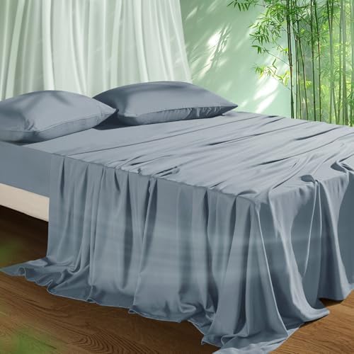 Cooling Sheets Set Twin Size, Viscose Derived from Bamboo for Hot Sleepers | Deep Pocket Up to 15 Inch | Silky Soft & Breathable Bedding - 3PC (Twin, Mineral Blue)