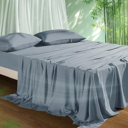 Cooling Sheets Set Full Size, Viscose Derived from Bamboo for Hot Sleepers | Deep Pocket Up to 15 Inch | Silky Soft & Breathable Bedding - 4PC (Full, Mineral Blue)