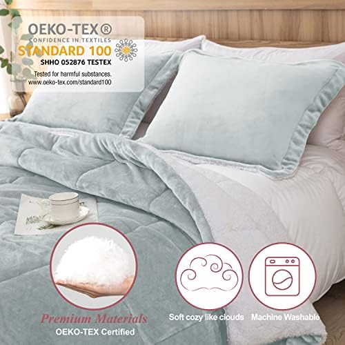 Sherpa Comforter Set Twin XL Size, Light Grey Bedding Set with Sham