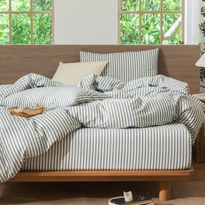 MooMee Striped Duvet Cover Set 100% Washed Cotton Linen Like King