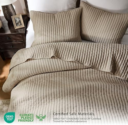 WDCOZY Dark Beige Cross Stitch King Size Quilt Set, Striped Lightweight Soft Bedspread, Tan Channel Farmhouse Rustic Coverlet, All Season Country Bedding, Thin Comforter