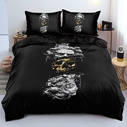 Modern Art Design Duvet Cover Set Full Size Black Golden Skull Comforter Covers Pillow Shams Black Background Bed Set Broken Statue Doce Bedding Sets