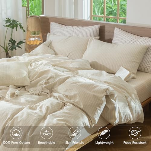 MooMee Striped Duvet Cover Set 100% Washed Cotton Linen Like Cal King