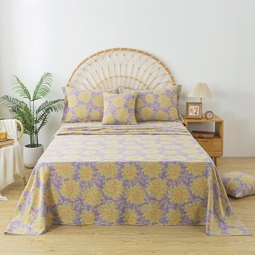 FADFAY Sunflower Sheets Set King Vintage Yellow Purple Floral Bedding Shabby Farmhouse Bedding Super Soft Washed Double -Layer Muslin Sheets 100% Cotton Deep Pocket Fitted Sheet 4Pcs, King Size