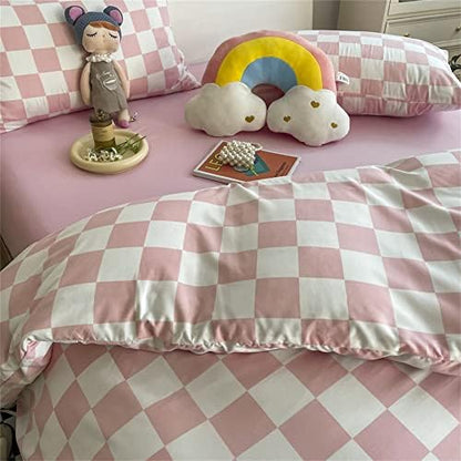 Wellboo Pink White Plaid Comforter Sets Full Women Men Bean Pink and White Checkerboard Grid Bedding Comforters Cotton Boys Girls Modern Dusty Pink Checkered Geometric Quilts Luxury Abstract Bed