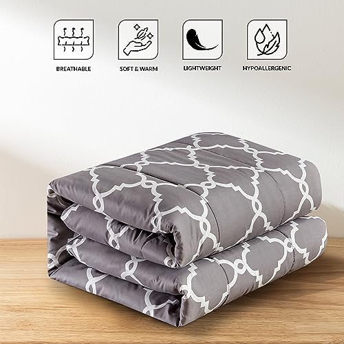LUX Décor Reversible 5pc Queen Comforter Set, Printed Bedding Set, All-in-One Bed in a Bag, Includes 1 Comforter, 2 Pillow Shams, 1 Decorative Pillow & 1 Bed Skirt (Quatrefoil Grey,Queen)