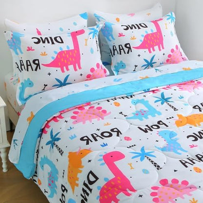 Wajade 7 Piece Kid Girls Dinosaur Comforter Set Twin Size 3D Pink Dinosaur Wild Park Jungle Print Bedding Set with Comforter, Sheet Set, Pillowcase and Sham