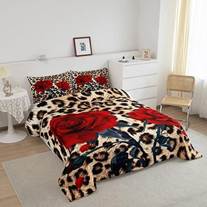 Rose Flower Comforter Set for Teens Adult Women Wedding Gift, Leopard Print Bedding Set Full Size, Valentine's Day Cheetah Duvet Sets Leopard Animal Skin Down Comforter for Bedroom Decor, Brown