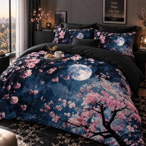 CCoutueChen Cherry Blossom Bedding Comforter Set King Size,Japanese Floral Comforter for Adult Women Bedroom Decor,Black and Pink 3 Pcs 2 Pillowcases, 104''x 90''