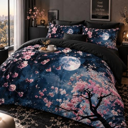 CCoutueChen Cherry Blossom Bedding Sets Queen Size, Japanese Floral Themed Comforter for Women, Black and Pink 3 Pcs Warm Microfiber Quilt Set with 2 Pillowcases, 90 ''x90''