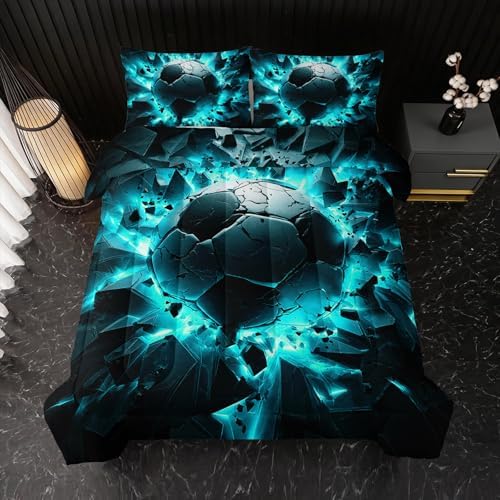 Nttopship Soccer Bedding Comforter Set King Size for Kids Teens and Adults, Turquoise Black Football Printed Bedding Sets 3 PCS,Ball Sports Themed Bedroom Decor with 1 Comforter and 2 Pillowcases