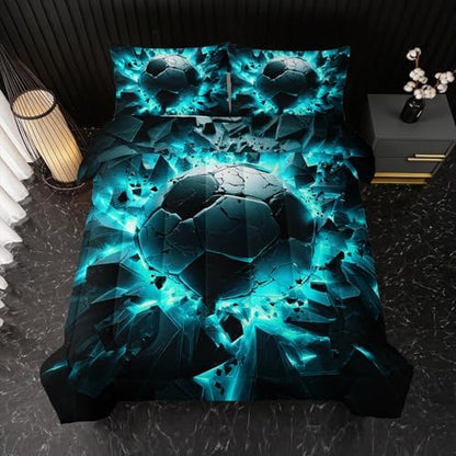 Nttopship Soccer Bedding Comforter Set King Size for Kids Teens and Adults, Turquoise Black Football Printed Bedding Sets 3 PCS,Ball Sports Themed Bedroom Decor with 1 Comforter and 2 Pillowcases