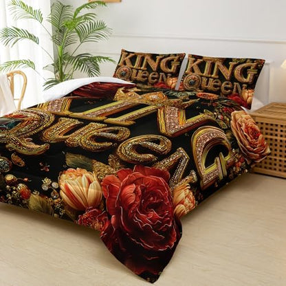 King and Queen Comforter Set Black and Gold，King and Queen Bedding Set，Red Floral Quilt Set King Size，with 1 Comforter with 2 Pillow Case