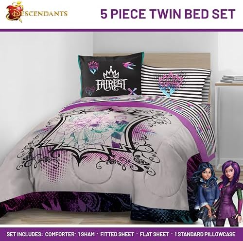 Jay Franco Kids Comforter Set Includes Sheets and Pillow Cover - Soft and Cozy Bed Set for Stylish Room Décor, Multi - Descendants, 5 Piece Twin