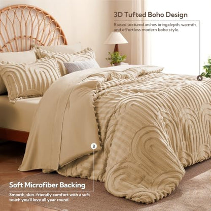 MR&HM Boho Comforter Set King 7pcs, Khaki Western Arch Tufted Bedding Set