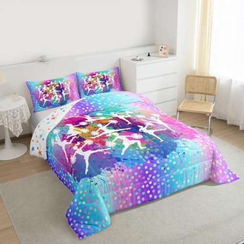 Cheerleading Girls Comforter Set King Size,Gymnastics Dancing Lovers Bedding Set for Kids Teens Woman Room Decor,Rainbow Watercolor Graffiti Dots Bedspread Modern Fashion Down Comforter 3pcs