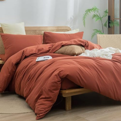 BESTOUCH Cotton Solid Duvet Cover Set Linen Feel Crimson Red Alaska King